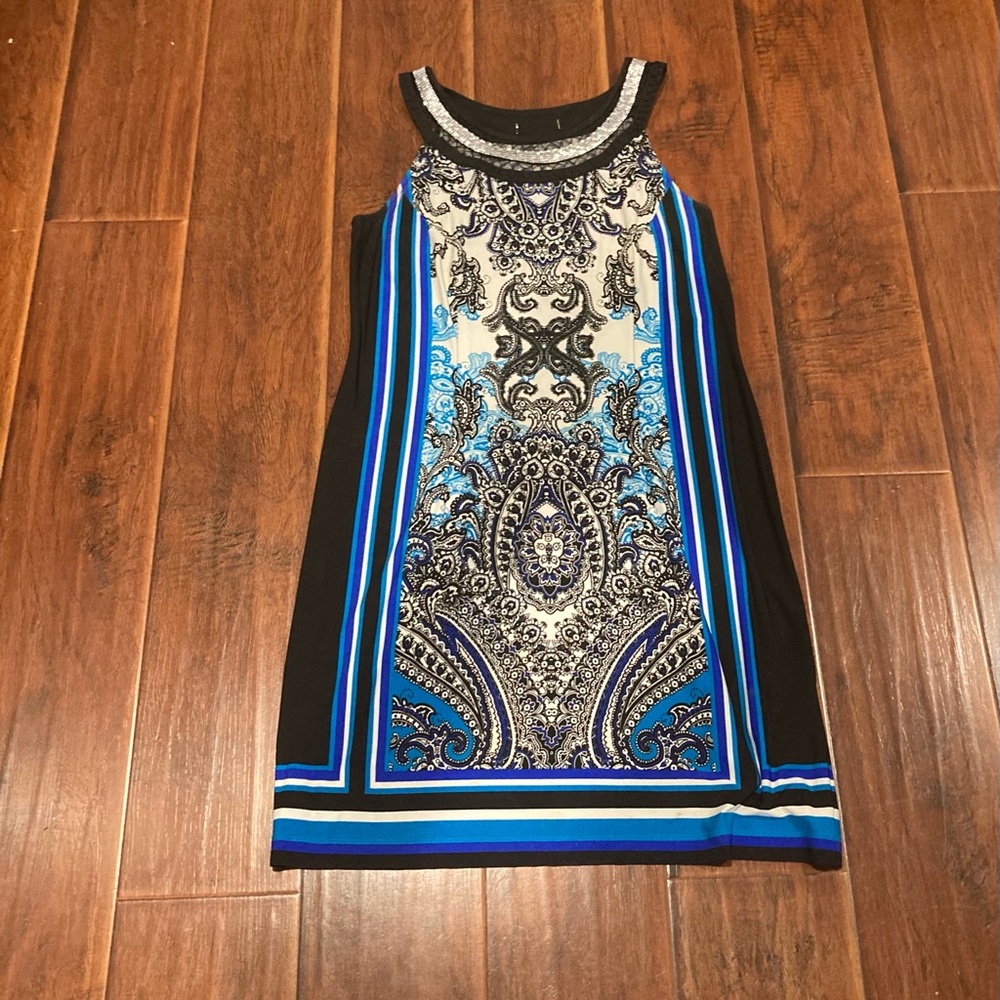 Sundress or cocktail- Inc dress blue and white with sparkle neckline.